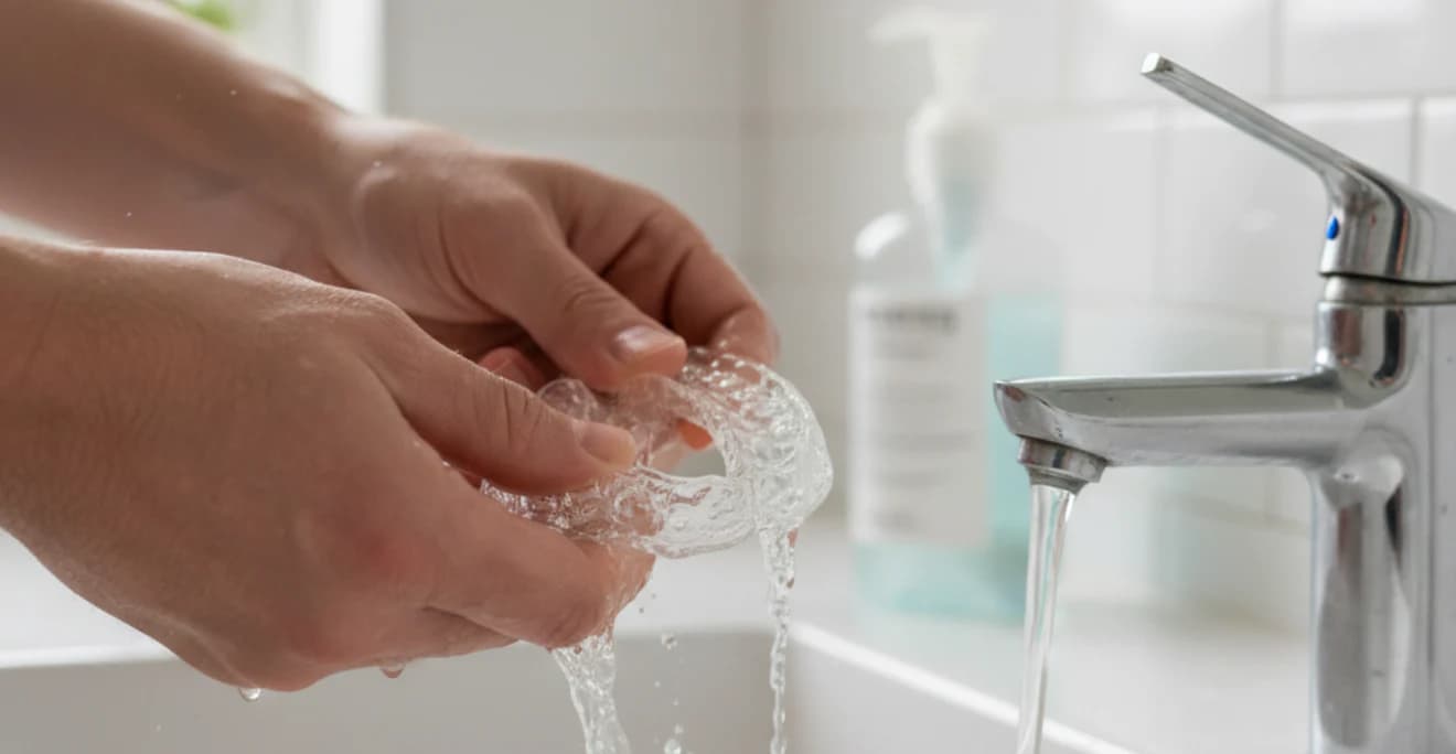 Hands rinsing a clear dental night guard under running water at a bathroom sink.