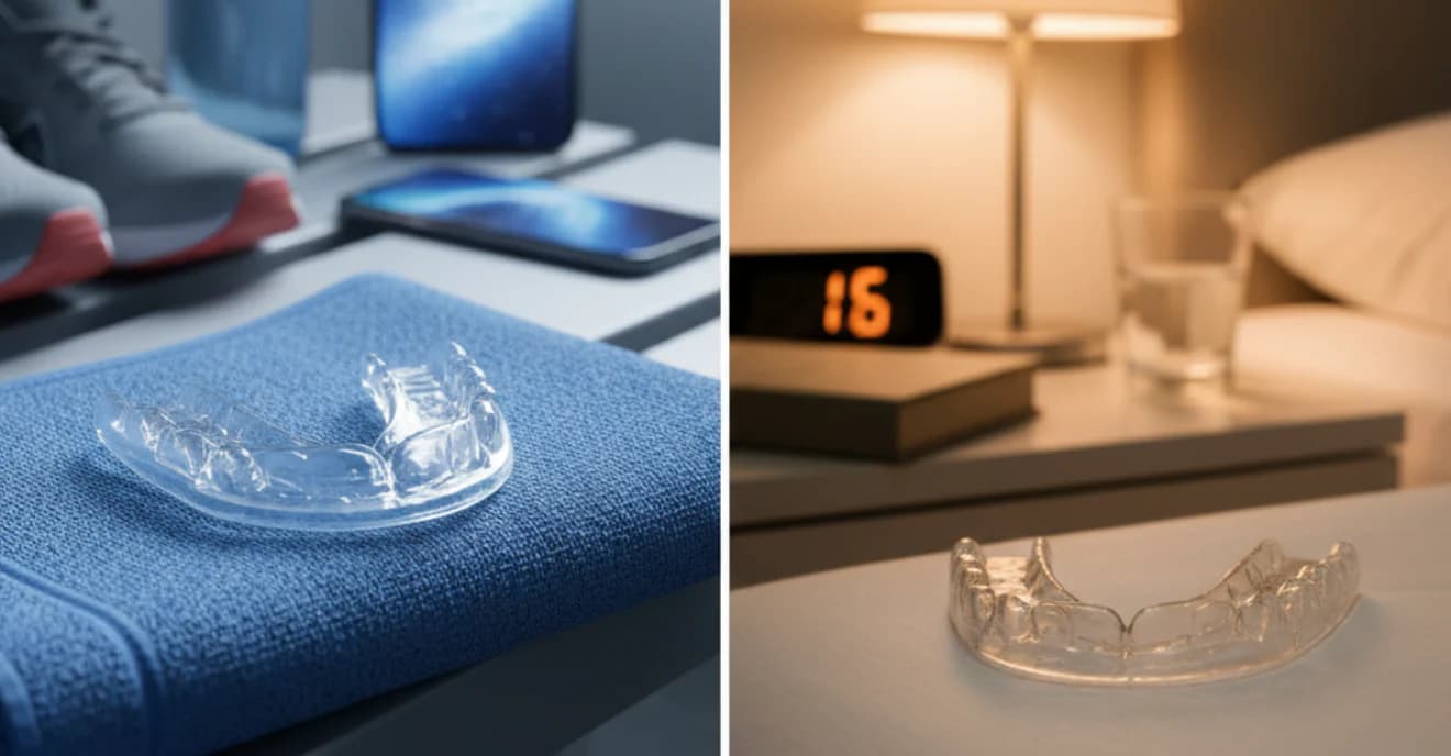 Clear dental night guard on a bedside table next to a phone and another night guard placed beside a clock and lamp in a bedroom setting.