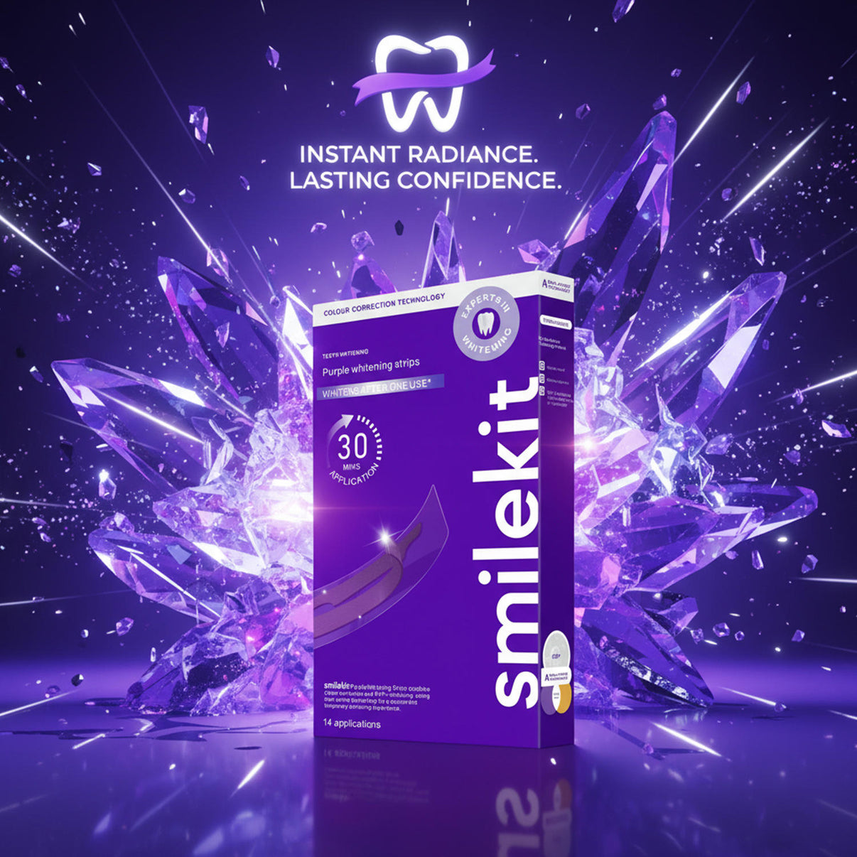 Purple teeth whitening strips product box displayed with glowing crystal graphics and the text “Instant Radiance. Lasting Confidence.”
